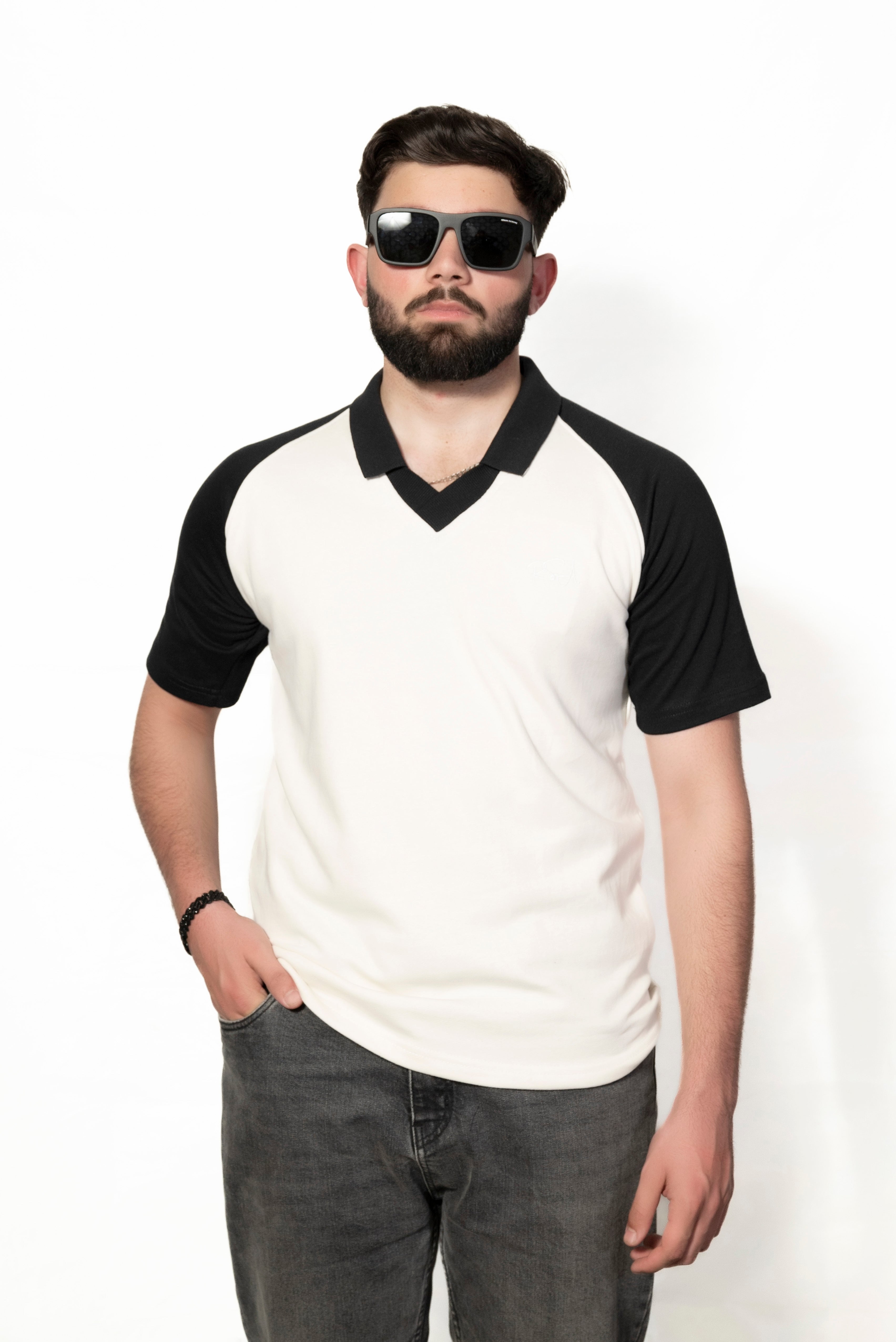Black and Cream Raglan Sleeve Polo shirt