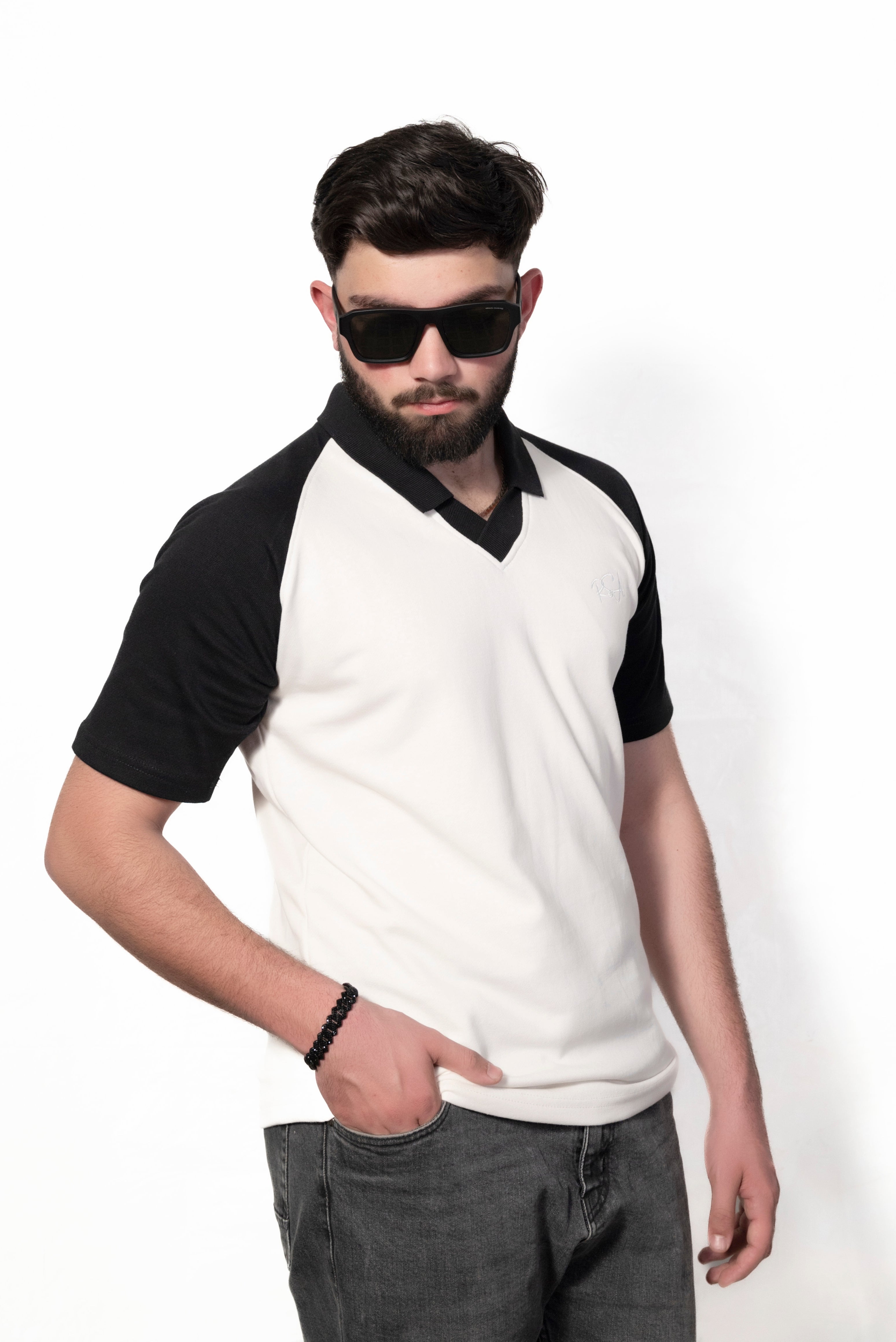 Black and Cream Raglan Sleeve Polo shirt