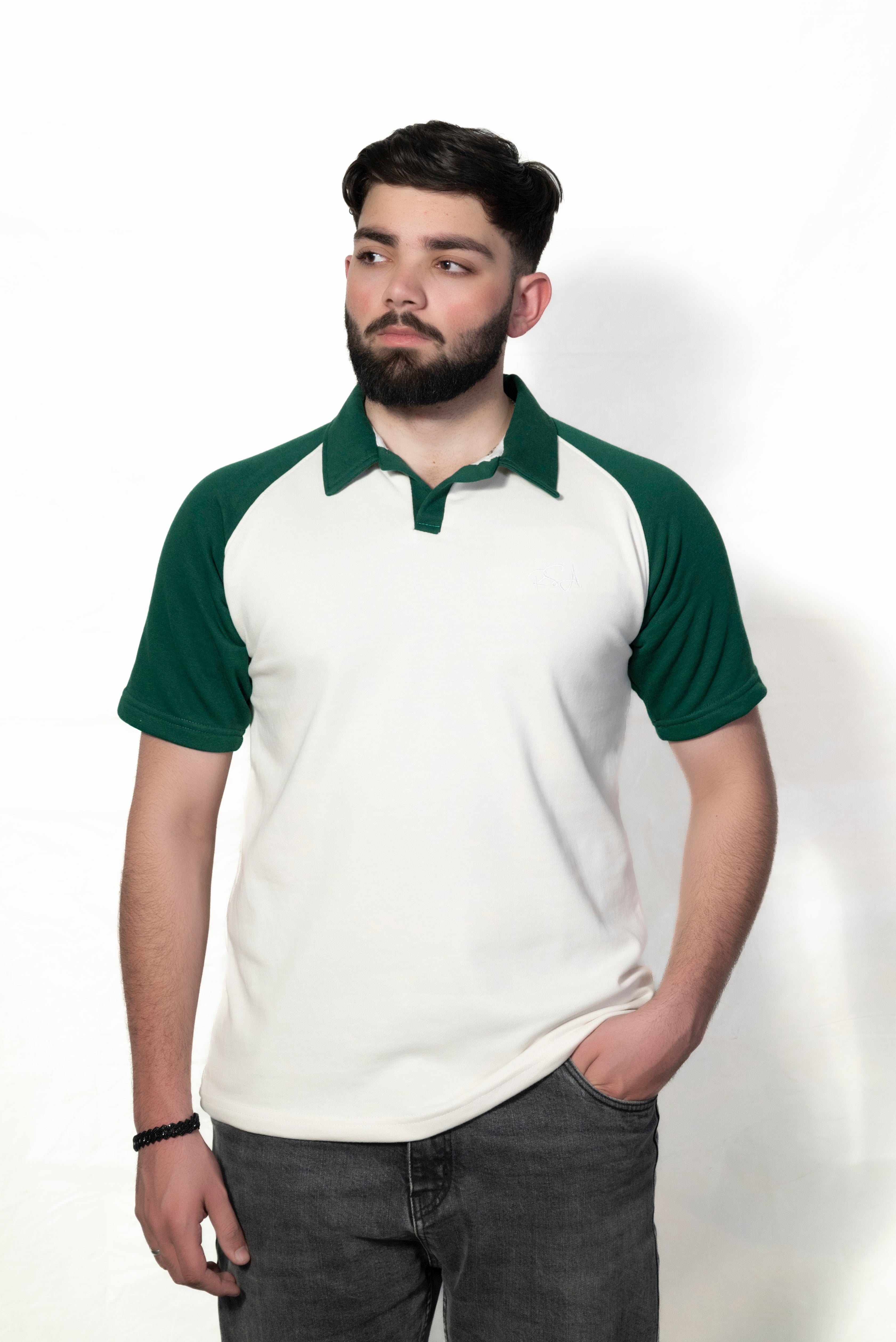 Green and Cream Raglan Sleeve Polo shirt