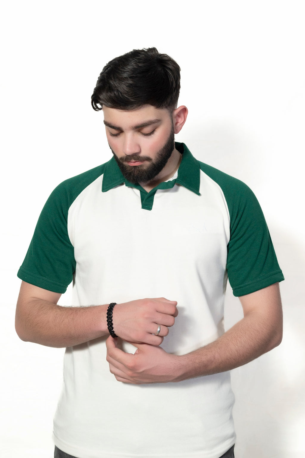 Green and Cream Raglan Sleeve Polo shirt