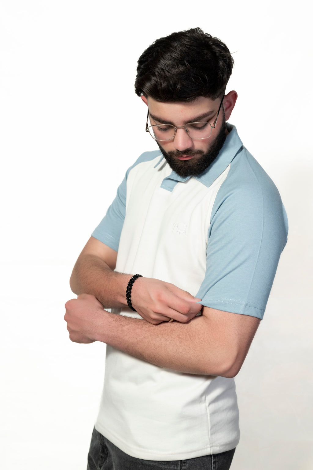 Ice blue and Cream Raglan Sleeve Polo shirt