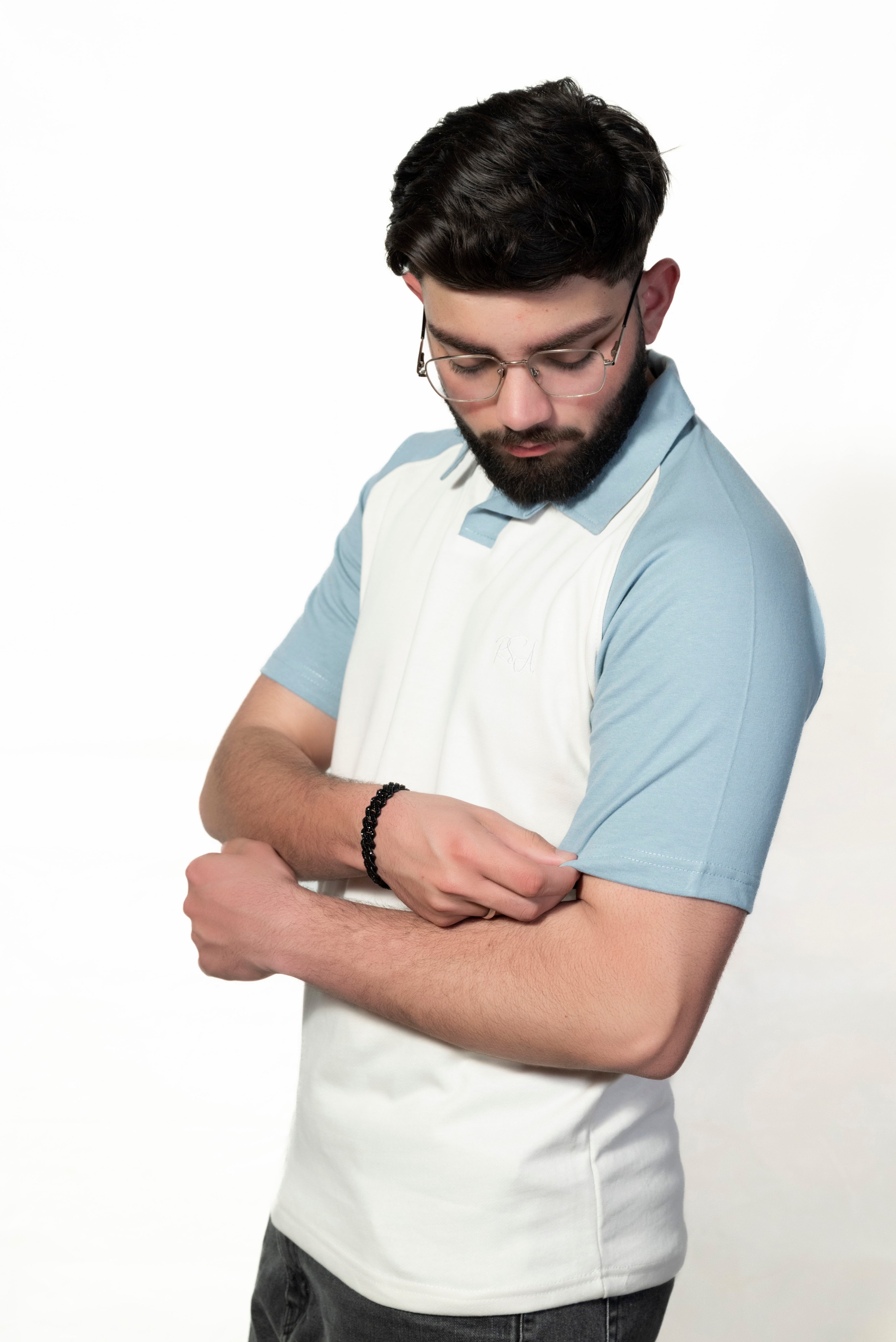 Ice blue and Cream Raglan Sleeve Polo shirt
