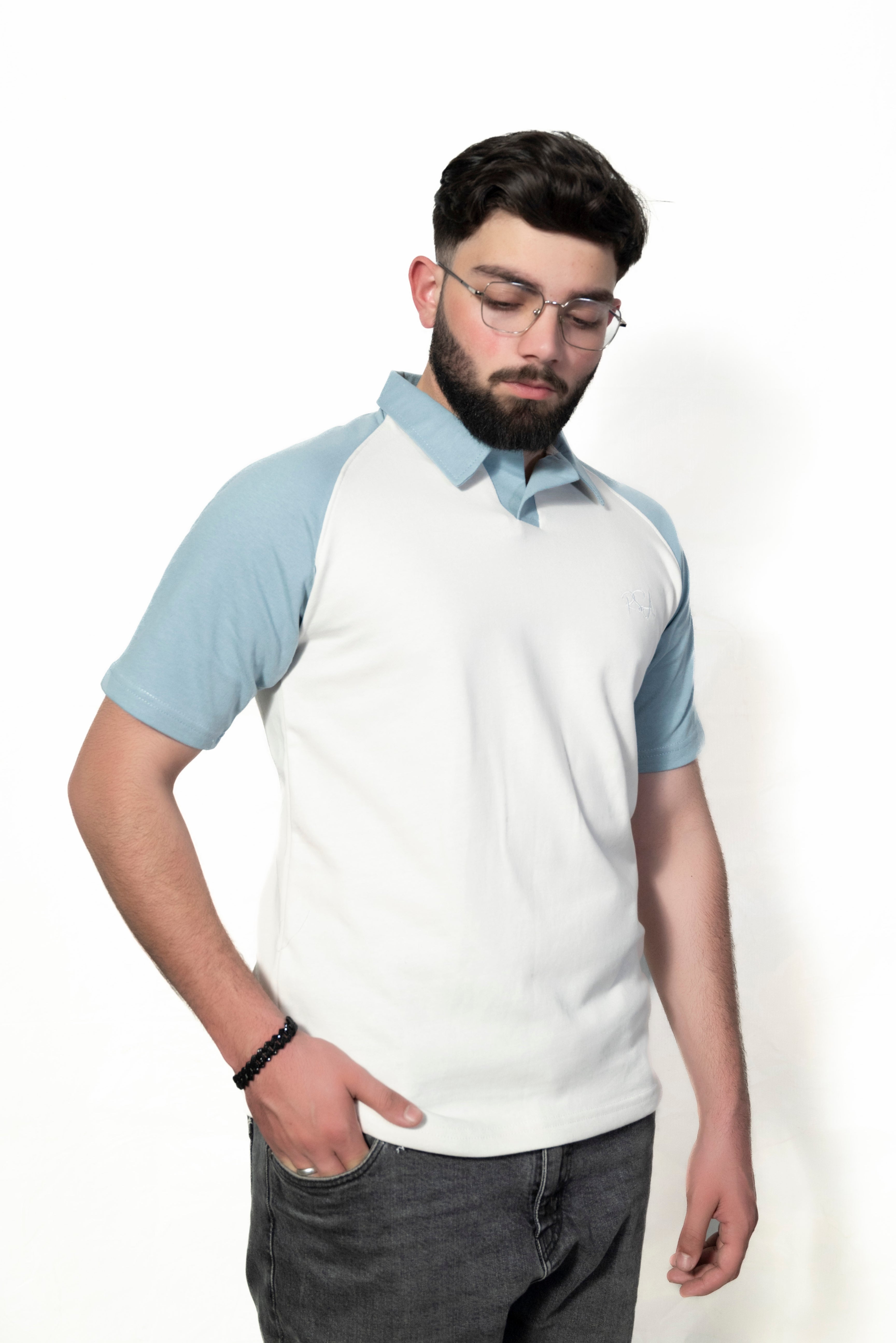 Ice blue and Cream Raglan Sleeve Polo shirt